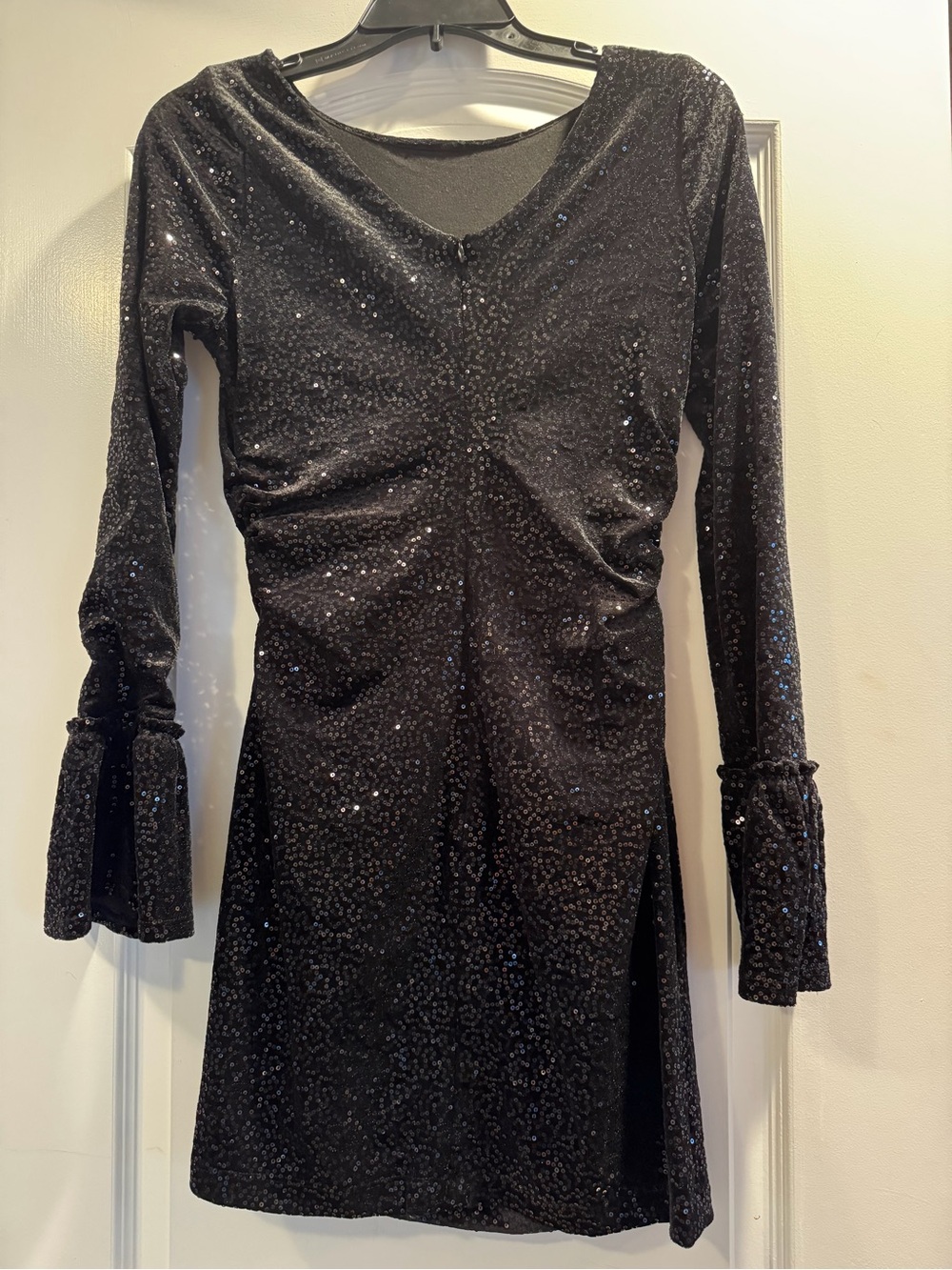 Black Sequin Long-Sleeve V-Neck Dress